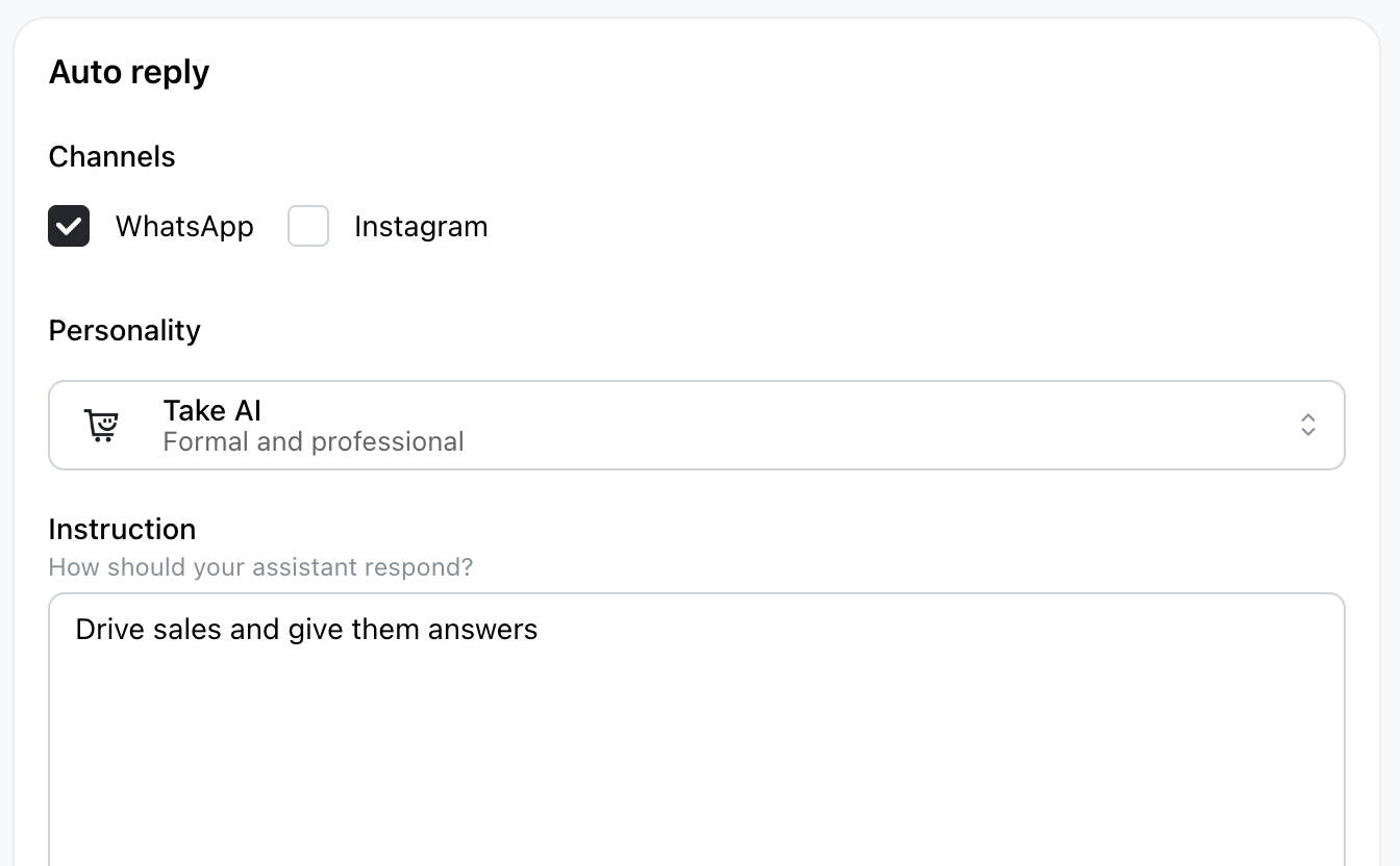 Auto reply settings with channels, personality and the instruction field