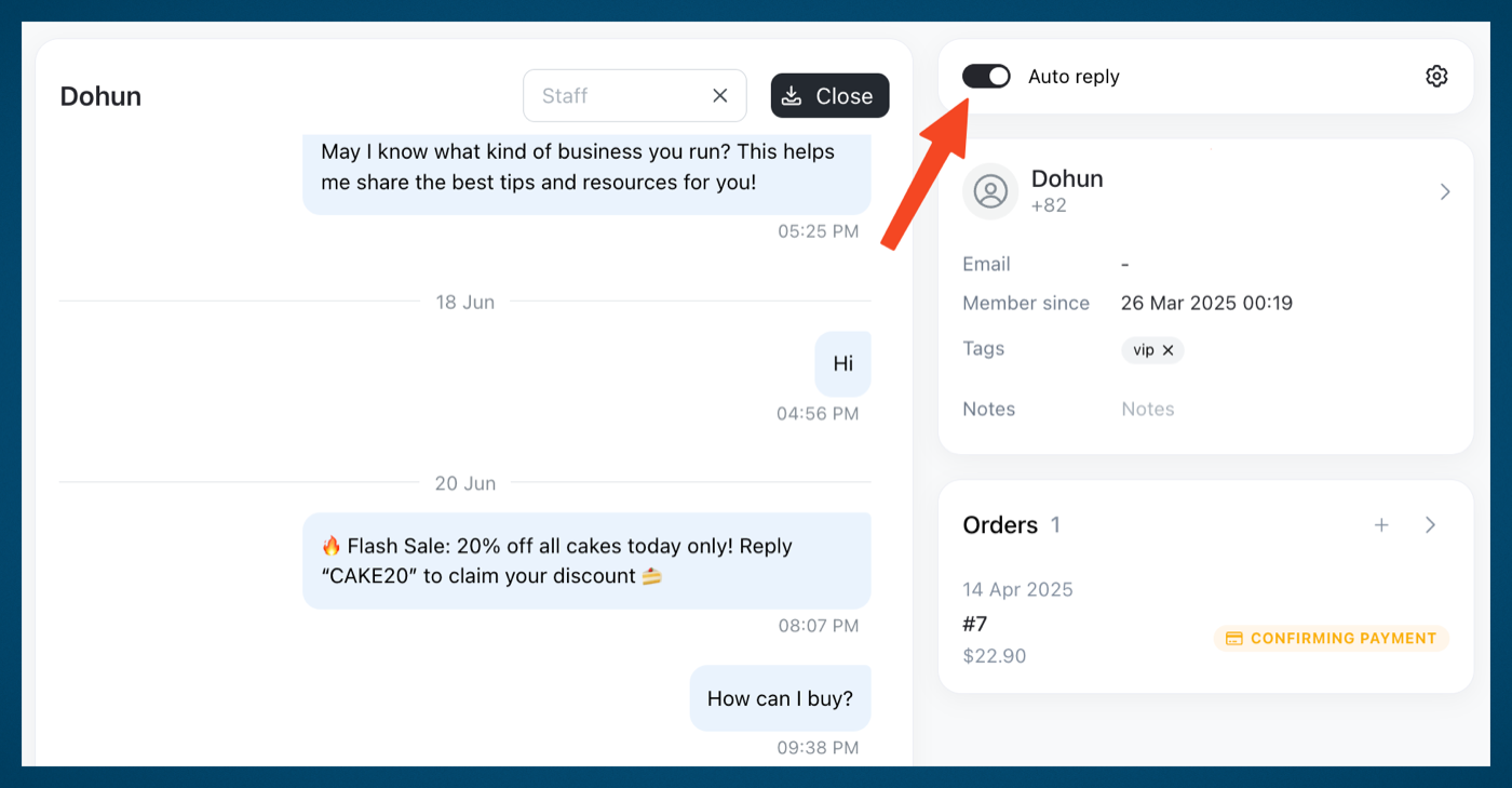 The Auto reply toggle on a single conversation in the Inbox