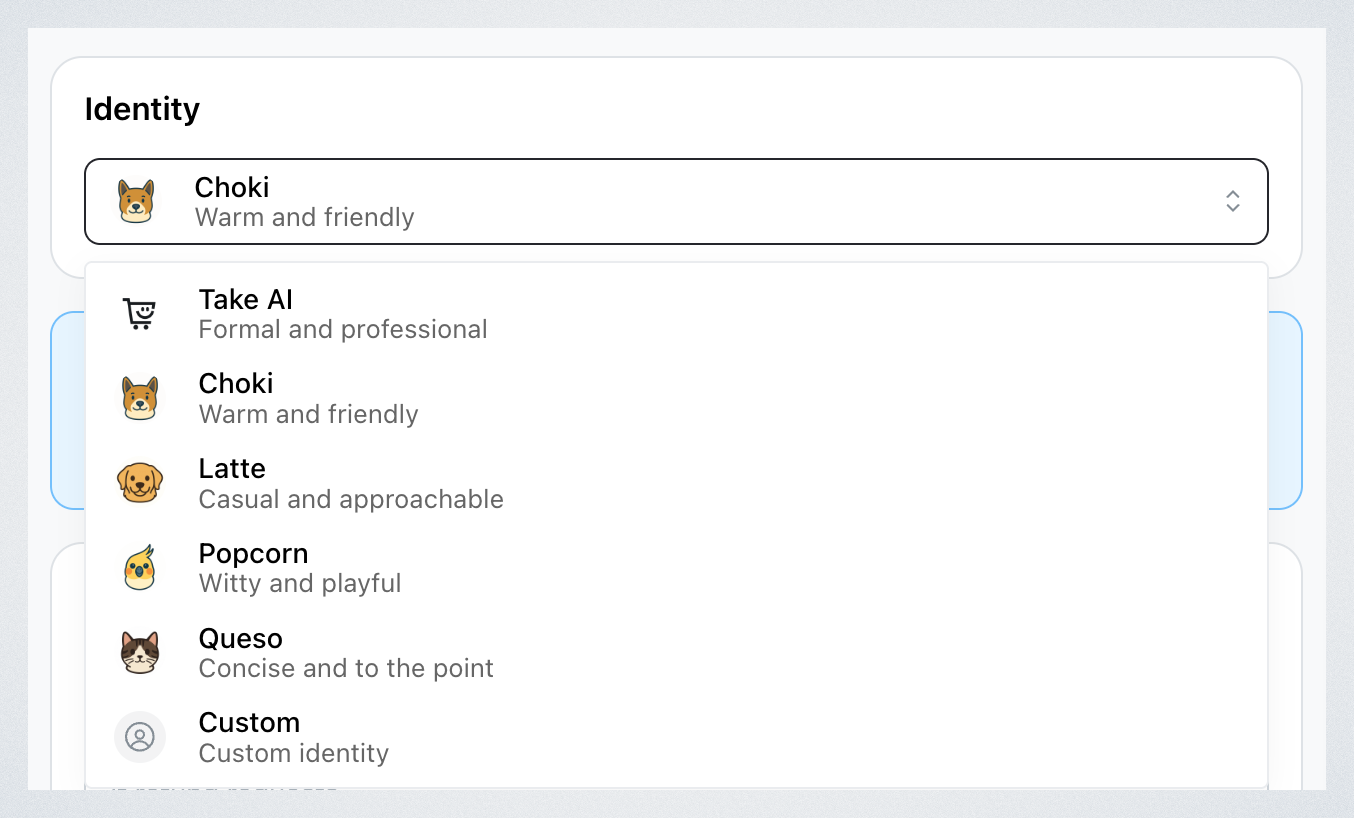 The identity picker showing Take AI, Choki, Latte, Popcorn, Queso and Custom