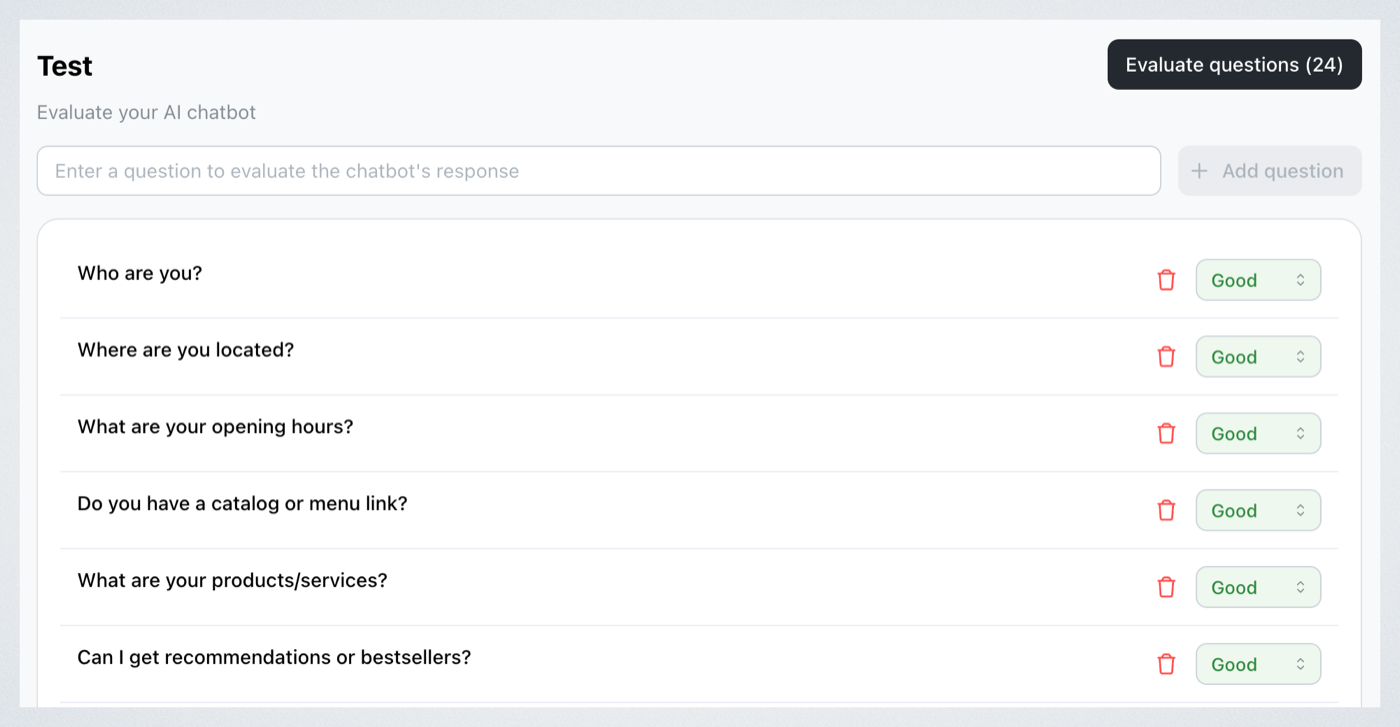 The default test questions with their ratings