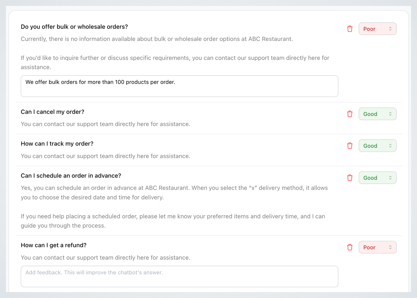 Test answers rated Good and Poor, with a feedback box