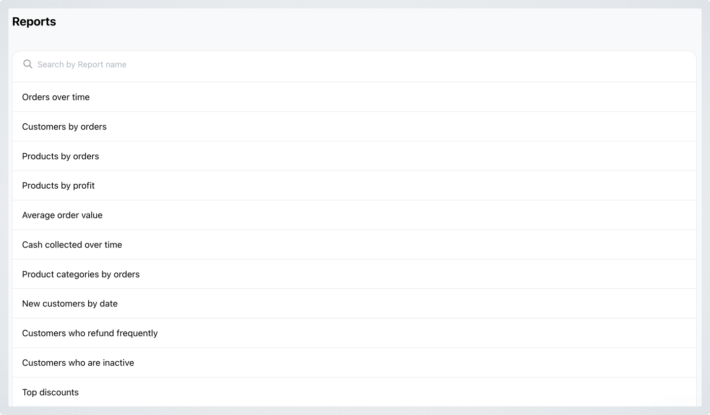 The Reports list in Analytics