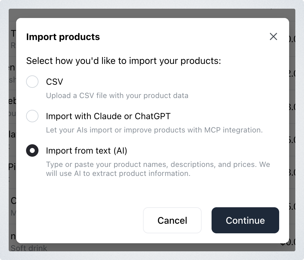 The Import products dialog with CSV, Import with Claude or ChatGPT, and Import from text options