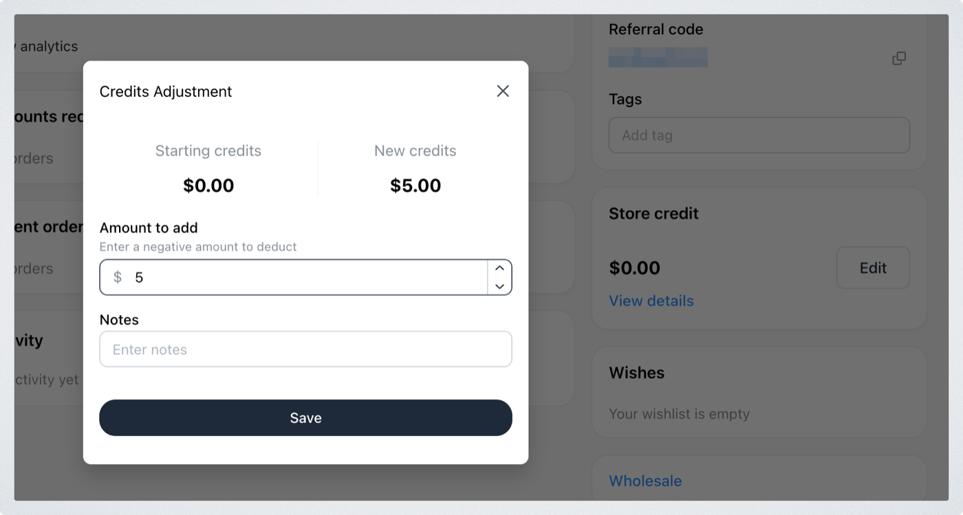 The Credits Adjustment dialog showing starting credits, new credits and the amount to add