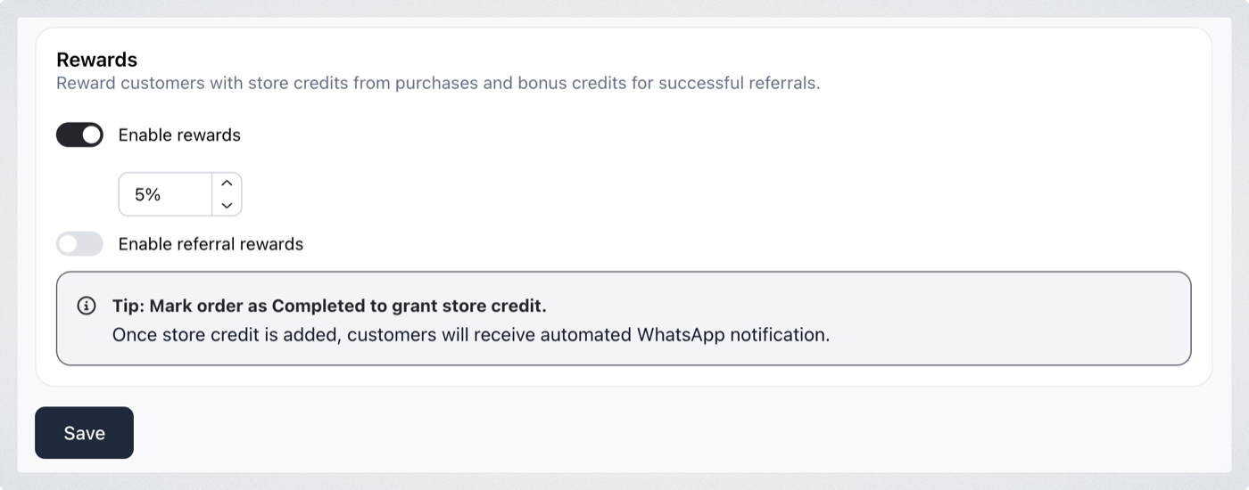 The Rewards section in Settings > Membership, with Enable rewards on and the percentage set to 5%