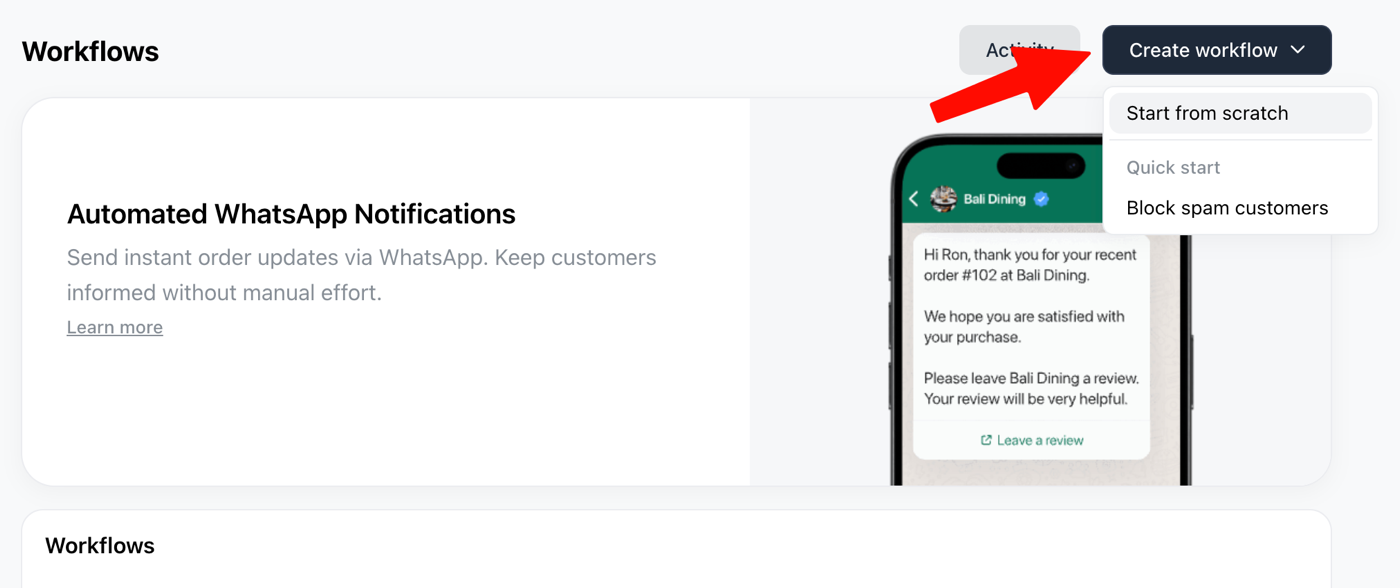 The Create workflow menu with Start from scratch