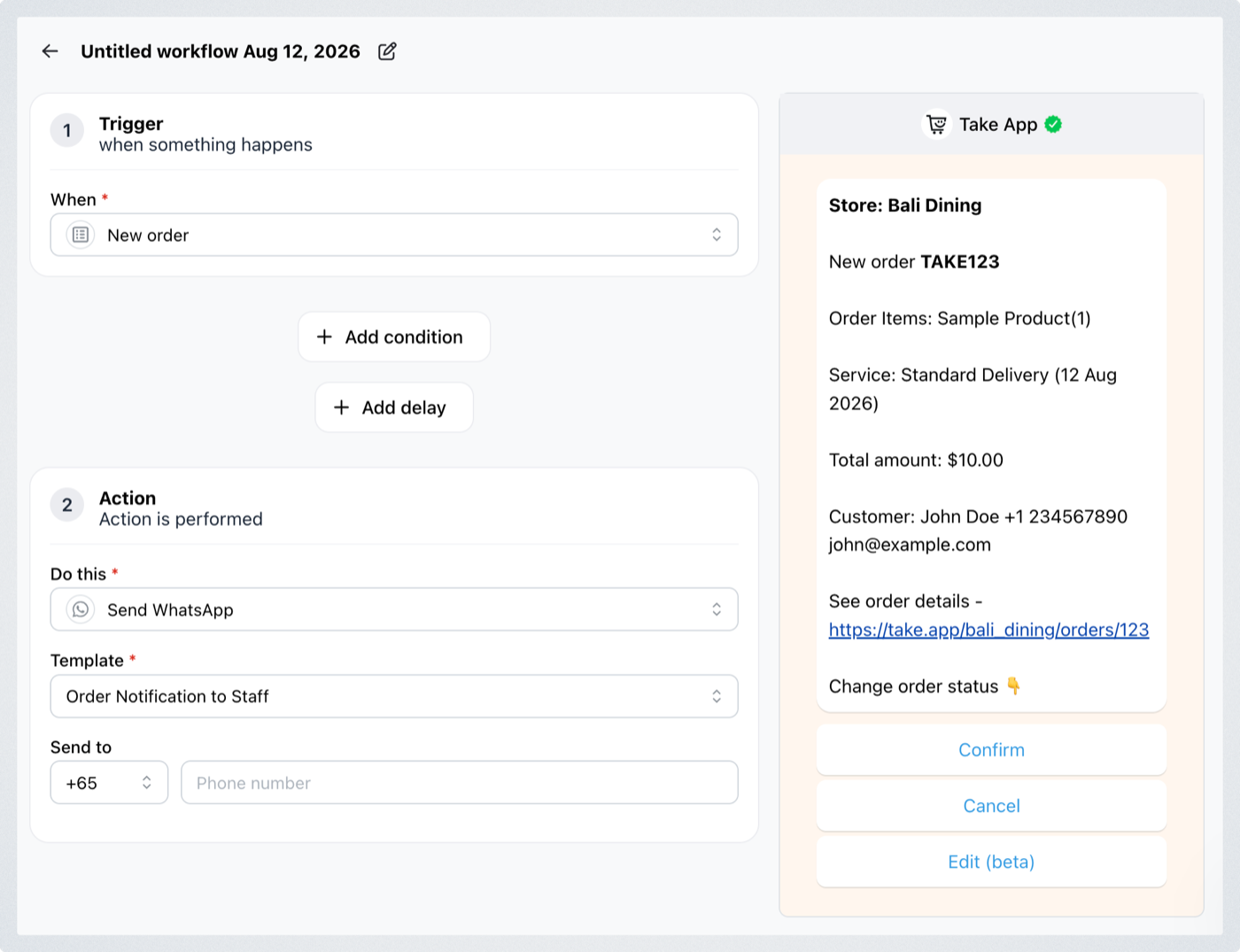 A workflow with a New order trigger and a Send WhatsApp action using the Order Notification to Staff template