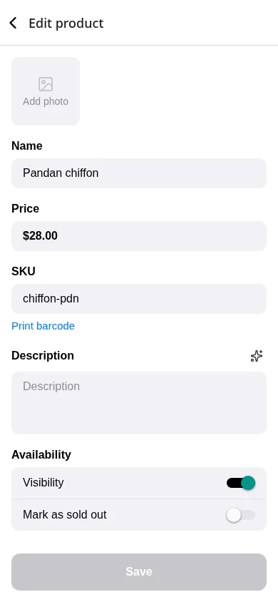 A saved SKU with the Print barcode link under it