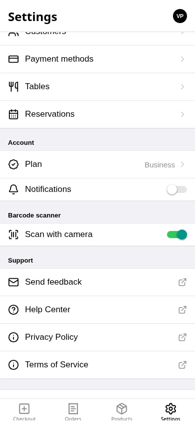 Scan with camera turned on under Barcode scanner in Settings
