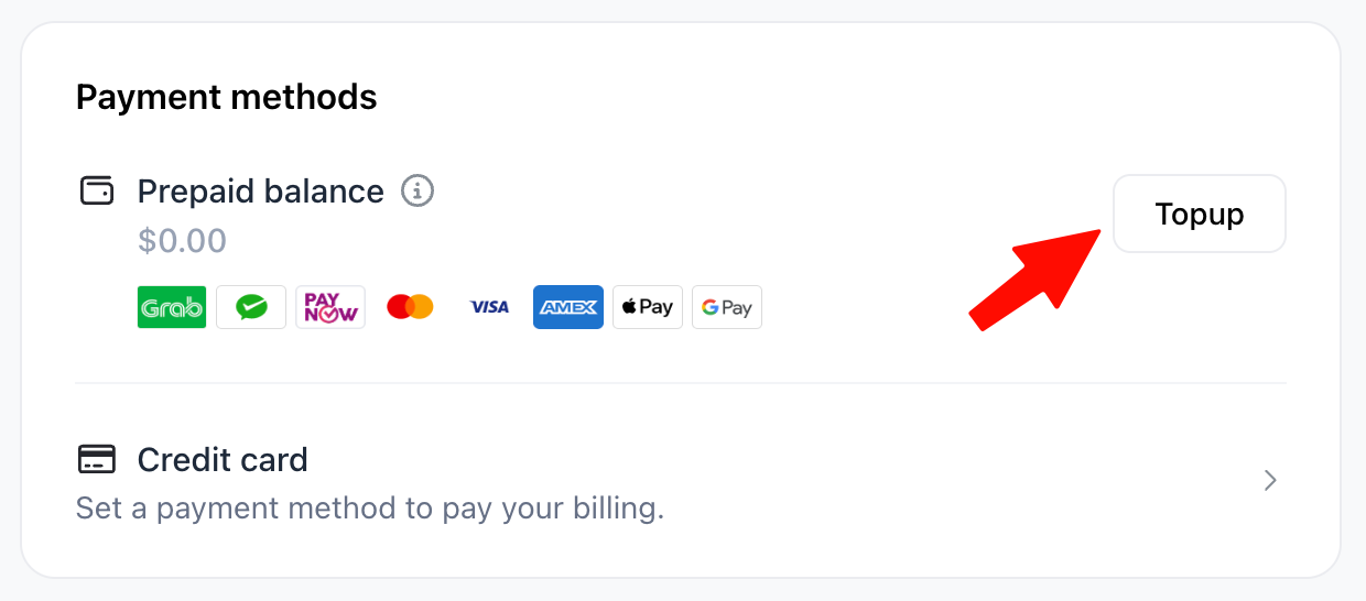 The Prepaid balance section under Payment methods, with the Topup button