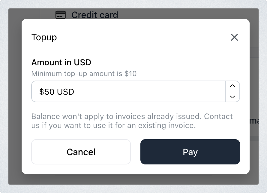 The Topup dialog with the amount in USD and the Pay button